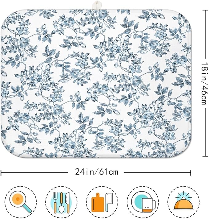 Floral Spring Large Dish Drying Mat for Kitchen Counter 18x24 Microfiber Absorbent - Foldable, Non-Slip, Compact Plant Leaves Kitchen XL Drying Mats for Dishes, Countertops, and Cookware