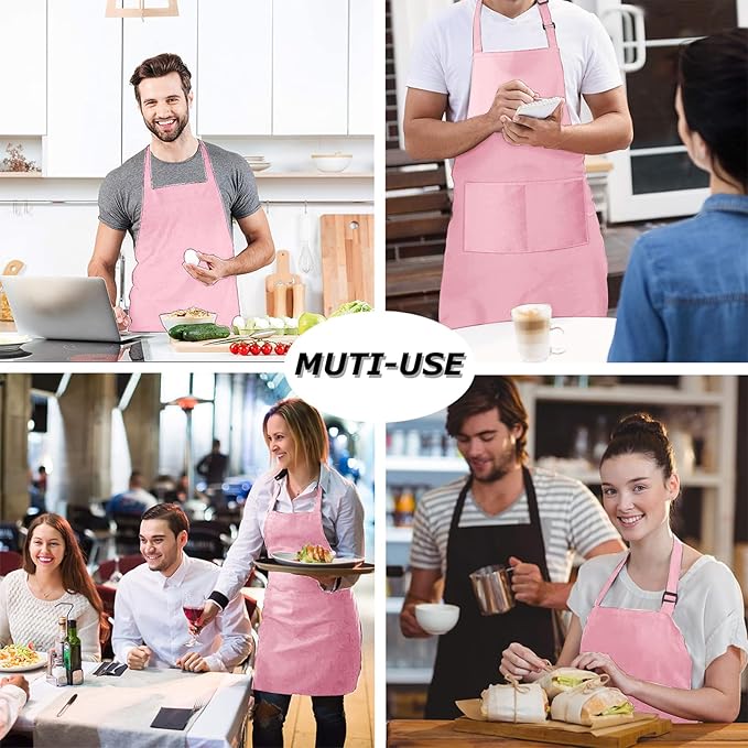 4 Packs Chef Apron with 2 Pockets, Waterproof Adjustable Apron for Men Women Perfect for Kitchen Cooking Baking Gardening Restaurant BBQ Coffee House, Professional Apron (Pink)