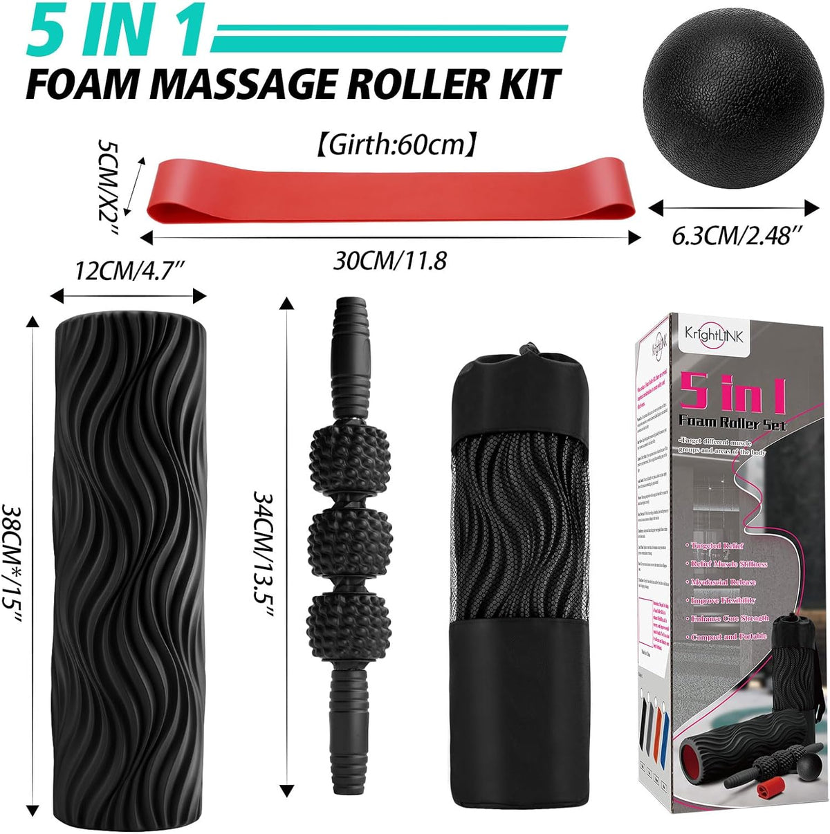 5-in-1 Foam Roller Set, Massage Roller Stick, Massage Ball, Resistance Band for Deep Muscle Massage, Trigger Point Release, Pilates, Yoga (Black-Wave)