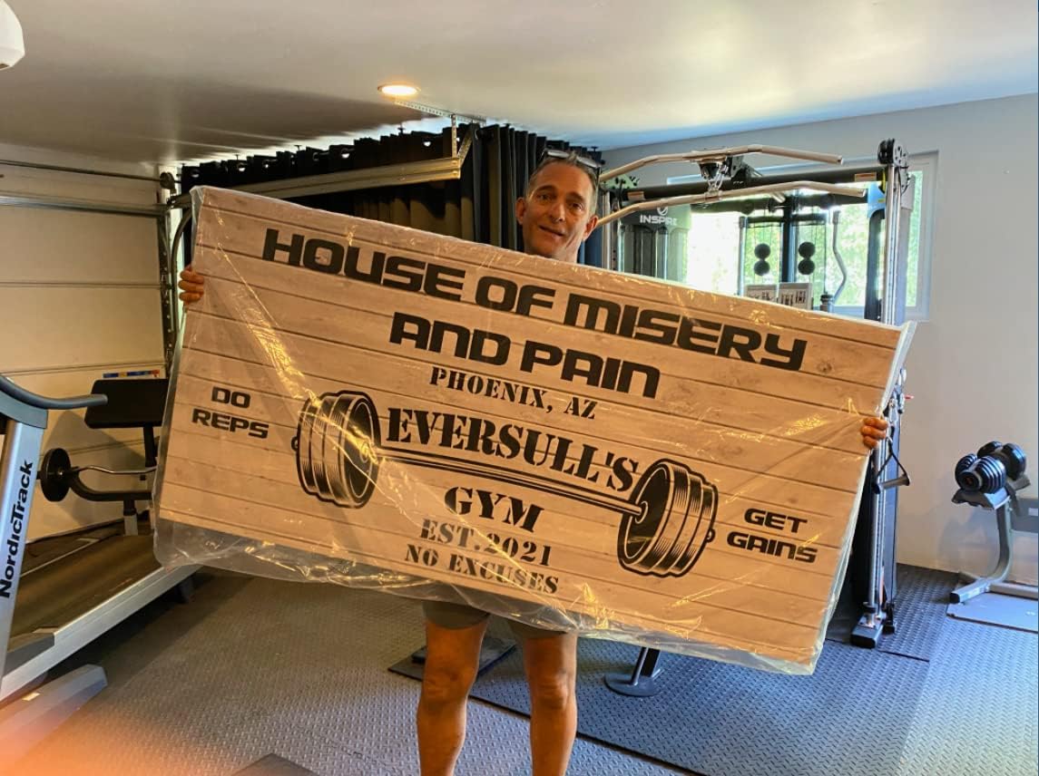 Tailored Canvases Personalized Gym Sign Wall Art Decor - Motivational Canvas for Home Gym, Workout Room, Garage, Fitness Center - Workout Inspirational Posters - House of Misery and Pain, White Wood 48x16in