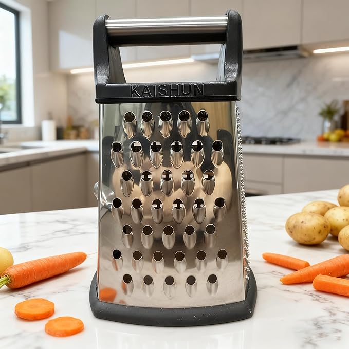 Kaishun Professional Cheese Grater, 4-Sided Stainless Steel Box Grater, Food Shredder for Cheese, Parmesan, Vegetable, Black