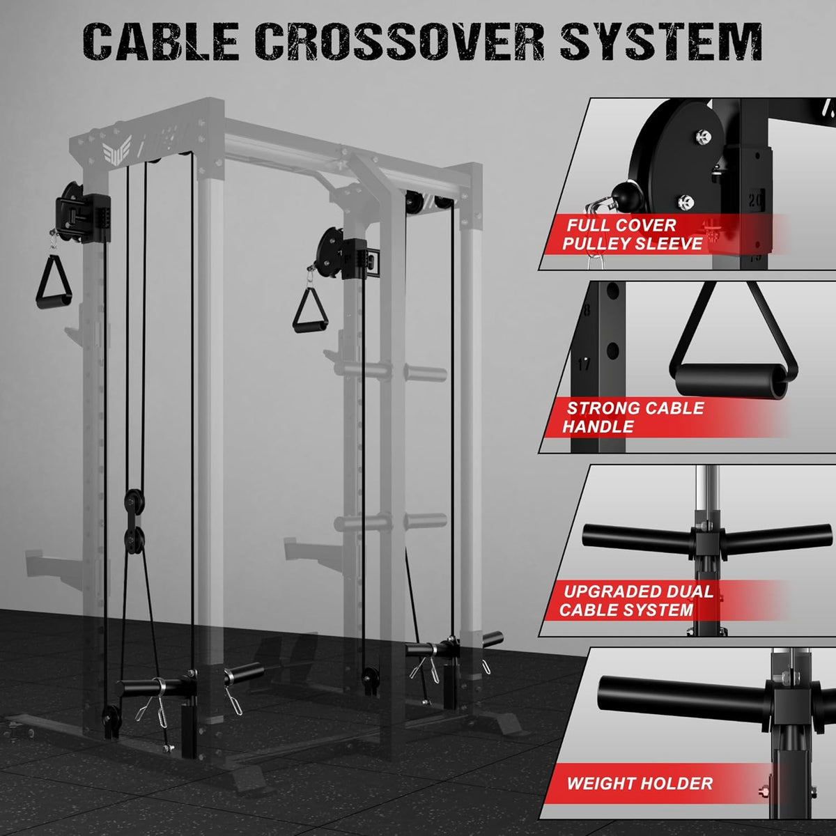 Power Cage, 2000LBS Multi-Function C21 Power Rack with Dual Pulley Cable Crossover System, All-in-One Squat Rack with More Training Attachments