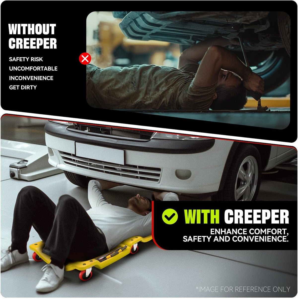 Auto Dynasty 36 Inches Mechanic Creeper, Automotive Garage Repair Low Profile Under Car Rolling Creeper with Padded Headrest, Plastic, Yellow