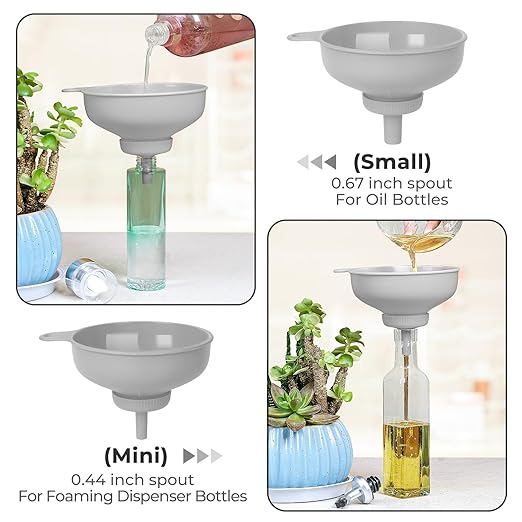 Pisol Wide Mouth Versatile Funnel, Canning Funnels for Kitchen Use, Food Grade Plastic Cooking Funnel Set with 4 Size Spouts and 2 Strainers for Filling Different Bottles and Bags, Grey