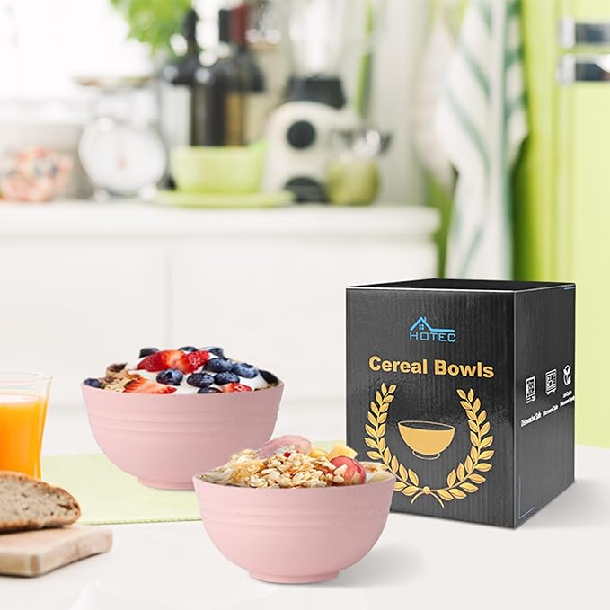 HOTEC Unbreakable Wheat Straw Cereal Bowls - Microwave & Dishwasher Safe Soup and Salad Bowls, Set of 8, 26oz, BPA Free,Pink