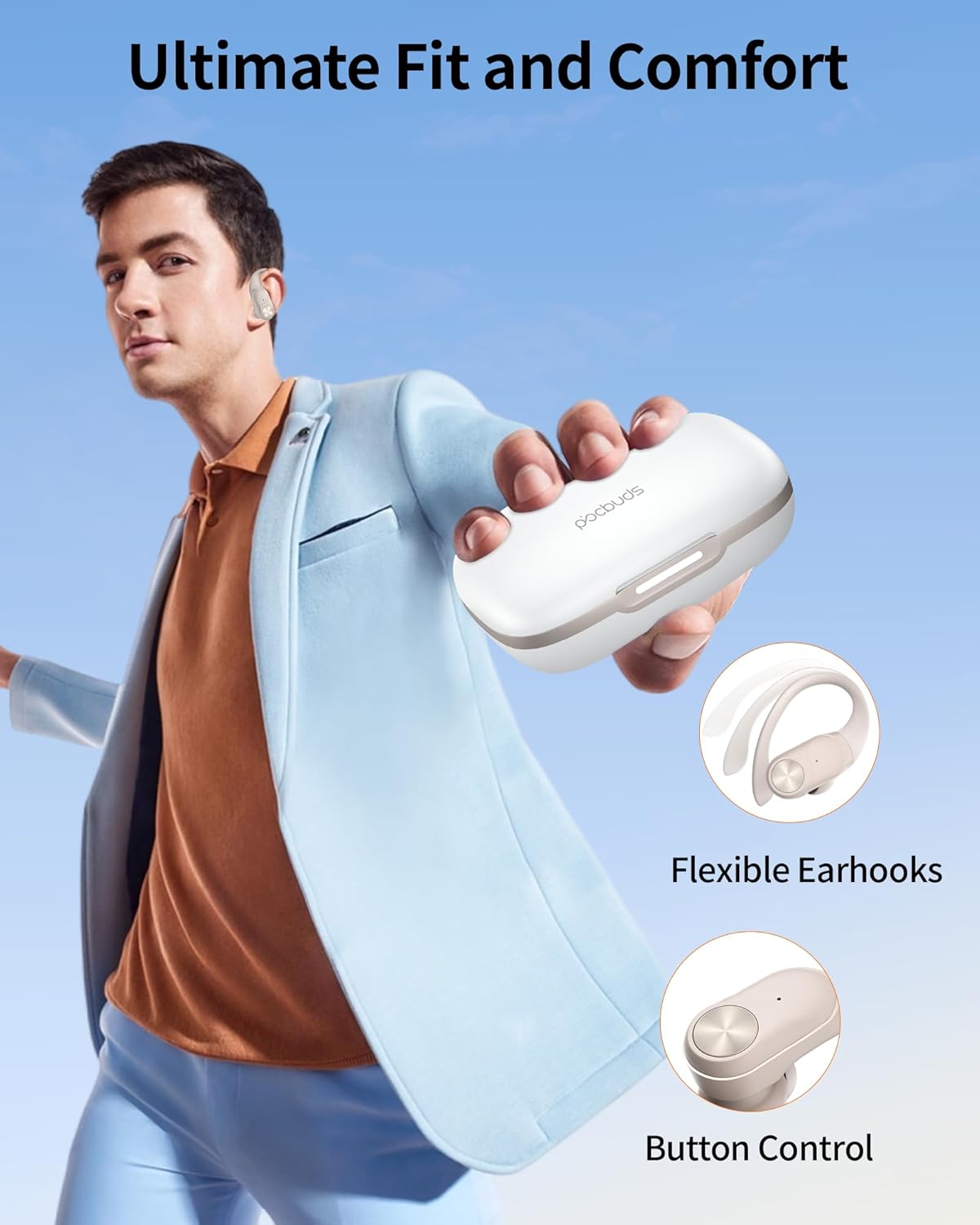 PocBuds Bluetooth Headphones Wireless Earbuds 80hrs Playtime Wireless Charging Case Digital Display Sport Ear Buds with Earhook Deep Bass IPX7 Waterproof Over-Ear Earphones for Phone Laptop Beige