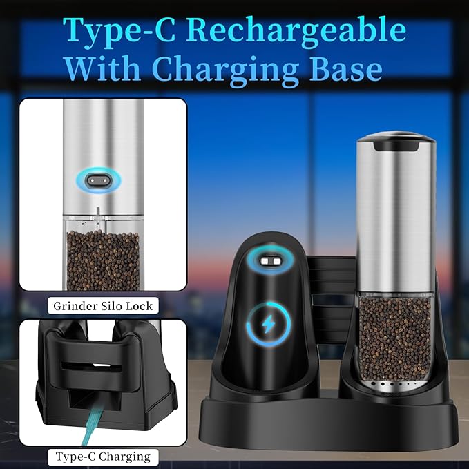 Electric Salt and Pepper Grinder Set Type-C Fast Charging, Automatic Salt and Pepper Shakers Adjustable Coarseness, Stainless Steel Rechargeable Salt and Pepper Grinder with LED Light