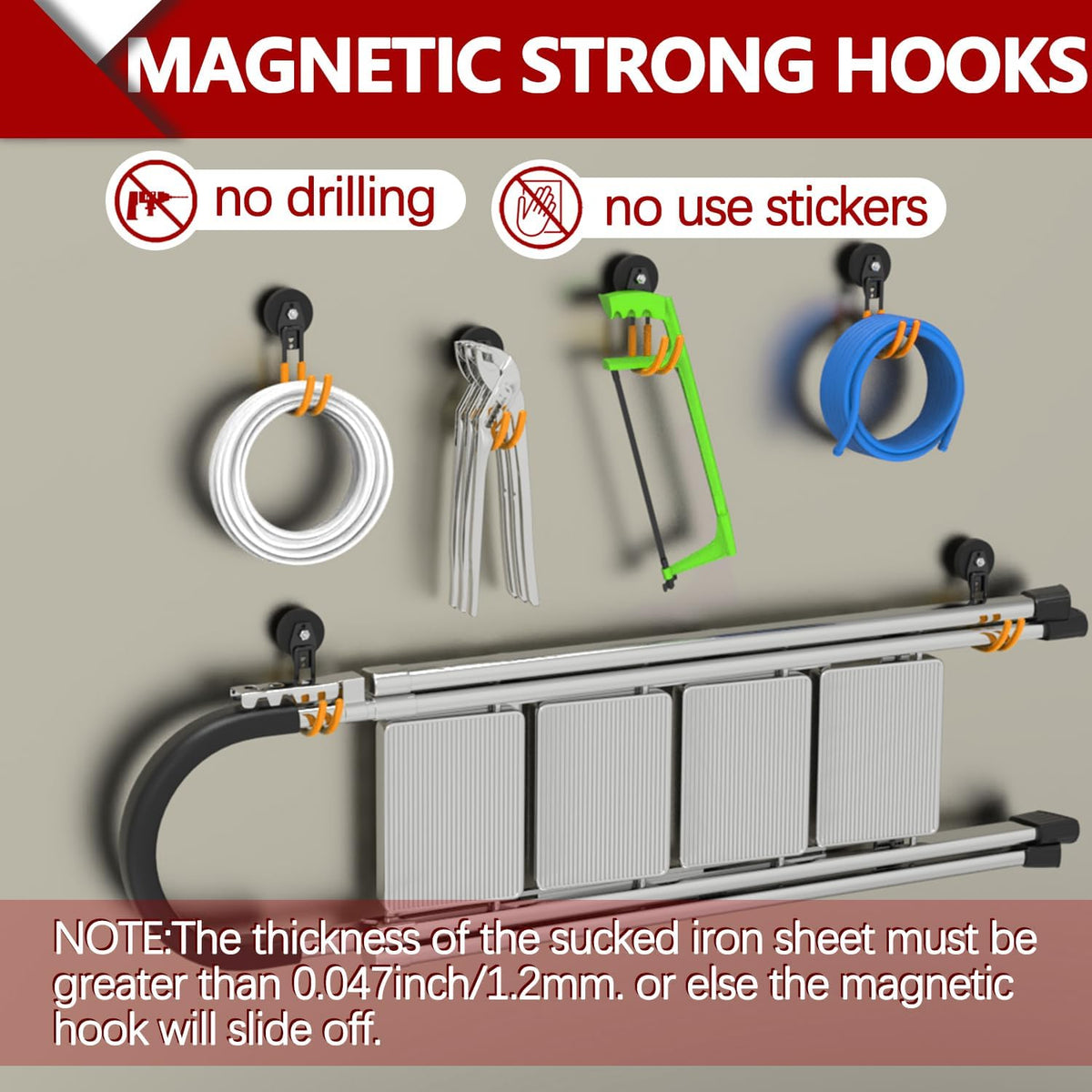 3-H Heavy Duty Magnet Garage Hooks 2 Pack, J Shape Strong Magnetic Hooks for Hanging Cordless Power Drill, Utility Magnetic Tool Holder for Metal Cabinet, Steel Pegboard, Toolbox, Garage(Orange)