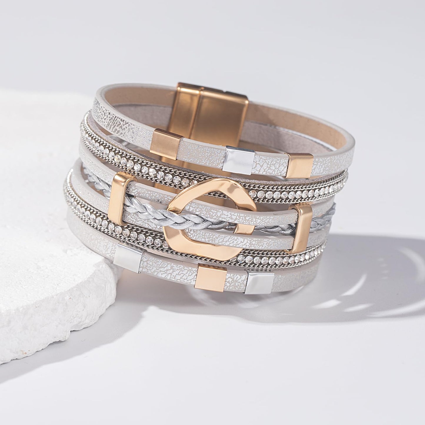 FANCY SHINY Boho Leather Wrap Bracelets Circle Square Bead Braided Handmade Stackable Bracelet Trendy Cuff Bangle for Women(Metallic Gray)