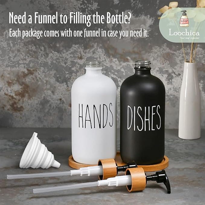 LOOCHICA 2 Pack Glass Soap Dispenser Set with Tray, Hand and Dish Glass Soap Dispensers for Kitchen Sink, Kitchen Soap Dispenser Set Suitable for Black and White Kitchen Decor