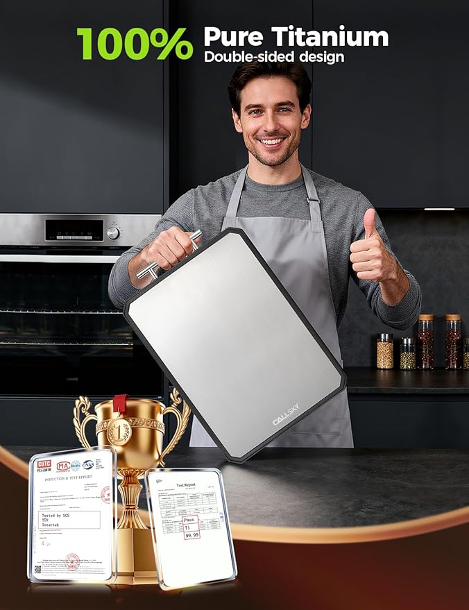 Titanium Cutting Board for Kitchen, Double Sided Non Toxic Titanium Cutting Board with JUICE GROOVE, Food-Grade Metal Chopping Board, Pure Titanium&Wheat Straw PP, Dishwasher Safe16.3”×11”-1 PC