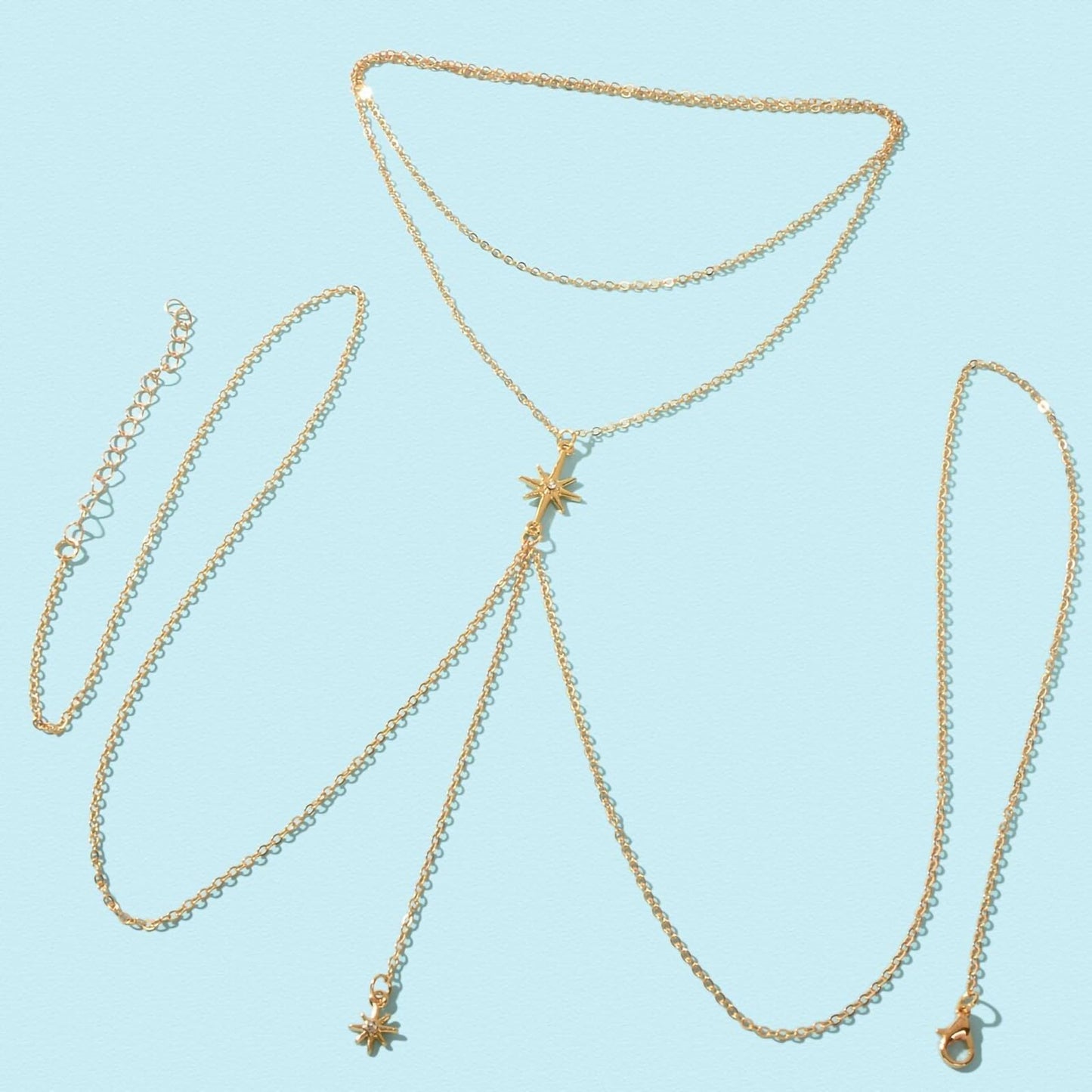 14K Gold Plated Body Chains for Women, Sexy Layered Belly Waist Chain Crossover Bikini Bra Chain, Summer Beach Rhinestone Body Jewelry(Starlight)