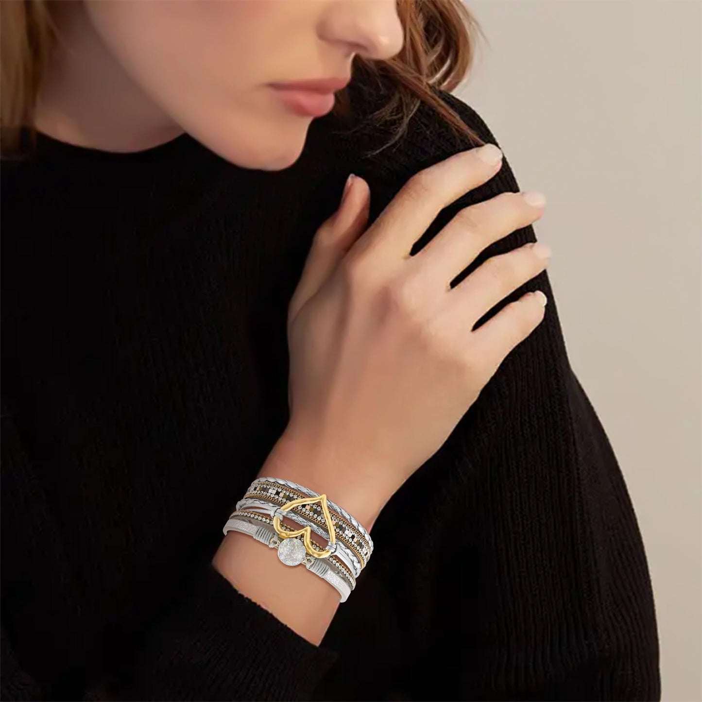 VIBILIA Boho Leather Wrap Bracelets for Women Heart Multi-Layer Bracelets with Strong Clasp Jewelry for Women-GoldSilver