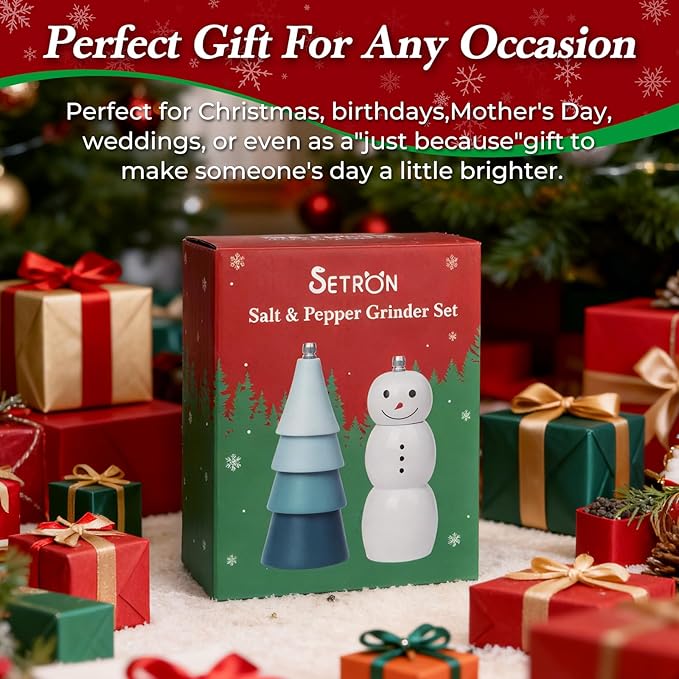 Christmas Salt and Pepper Grinder Set, Snowman & Tree Refillable Salt and Pepper Mills with Adjustable Ceramic Core, Wooden Manual Salt and Pepper Shakers for Kitchen,Gift, Christmas Decor