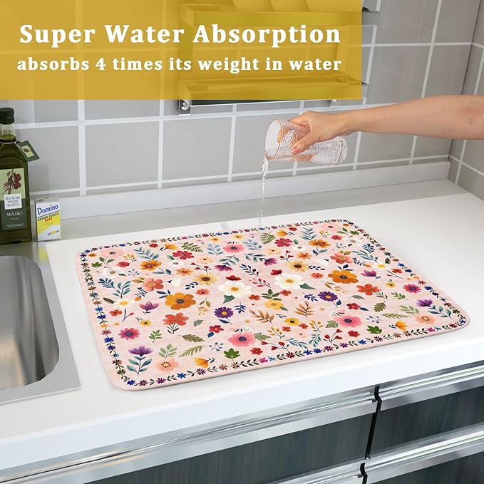 Spring Flowers Dish Drying Mat - Summer Pink Floral Washable Decorative Drying Pad for Women Home Kitchen Decor