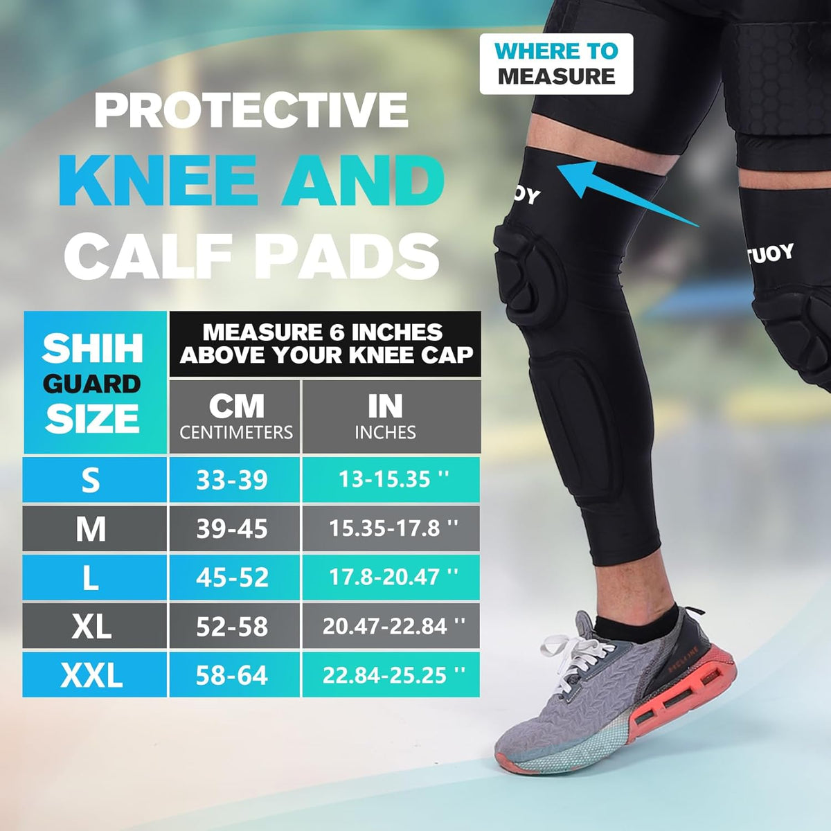 TUOY Knee Pad with Shin Guard Pads, Protective Shin/Knee Sleeve Support for Soccer, Football, Basketball, Wrestling, Volleyball (A Pair)