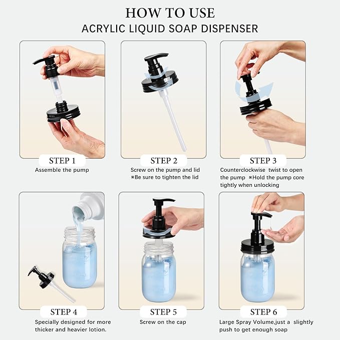 Amolliar Plastic Mason Jar Soap Dispenser with Pump Lid,16OZ Refillable Hand Soap Dispenser Set with Cute Lables, Farmhouse Decor for Kitchen Bathroom, Liquid Soap, Dish Soap (2 Pack, Black)
