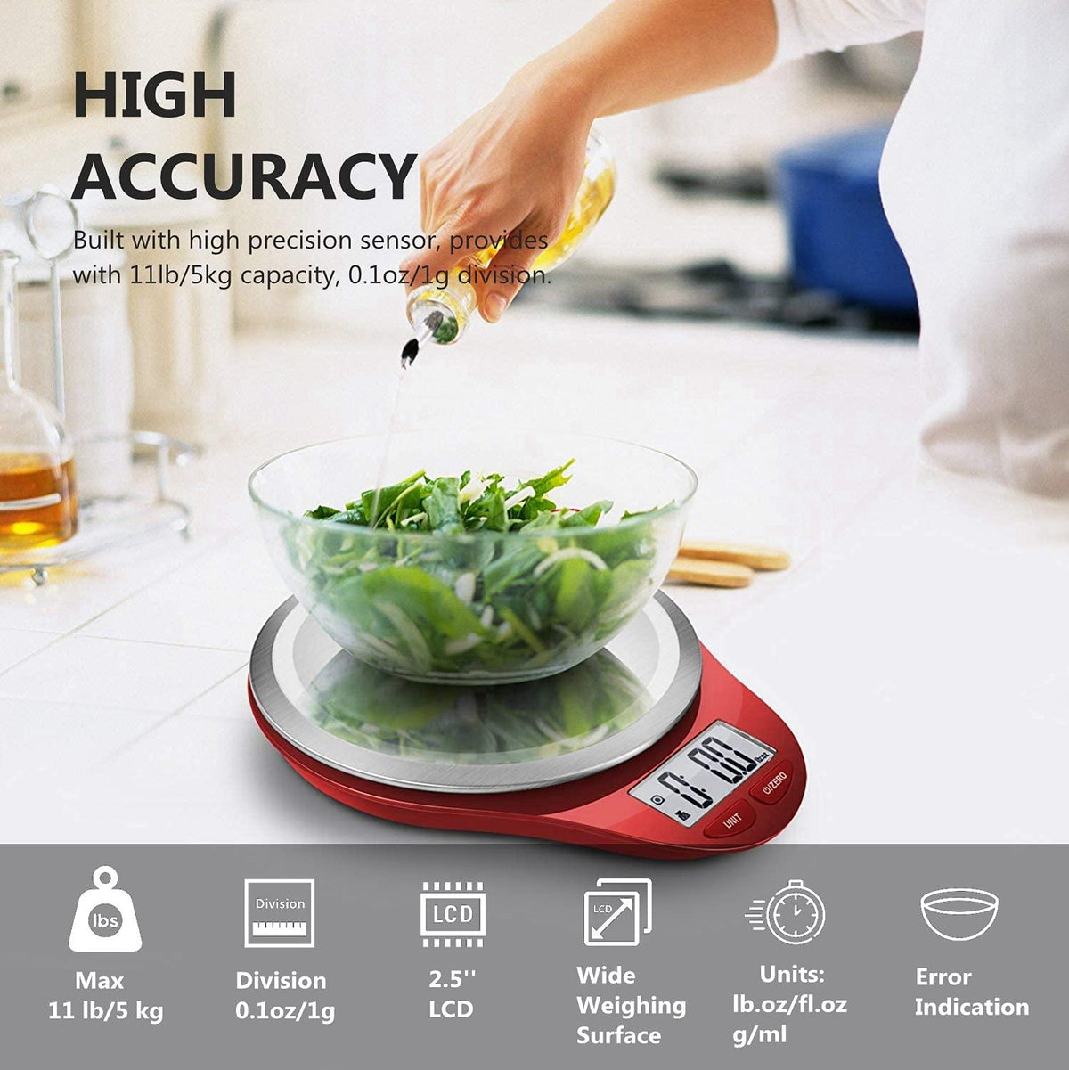 NUTRI FIT Digital Kitchen Scale with Wide Stainless Steel Plateform High Accuracy Multifunction Food Scale with LCD Display for Baking Kitchen Cooking,Tare & Auto Off Function (Red)