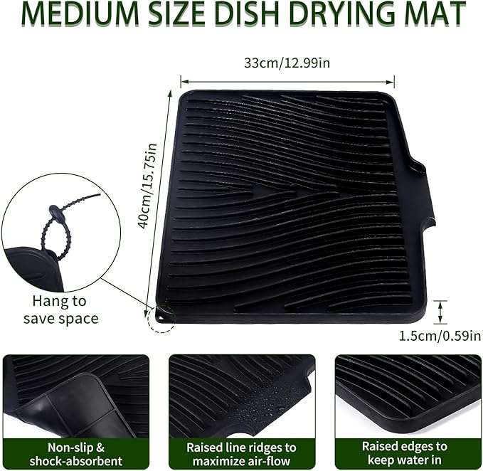Silicone Dish Drying Mat 16x13,Food-Grade Silicone,Easy Clean Pad for Countertop Protection,Heat Resistant,Easy Clean,Non-Slip Drain Pad with Built-in Drain,Multi-Functional Use,Black