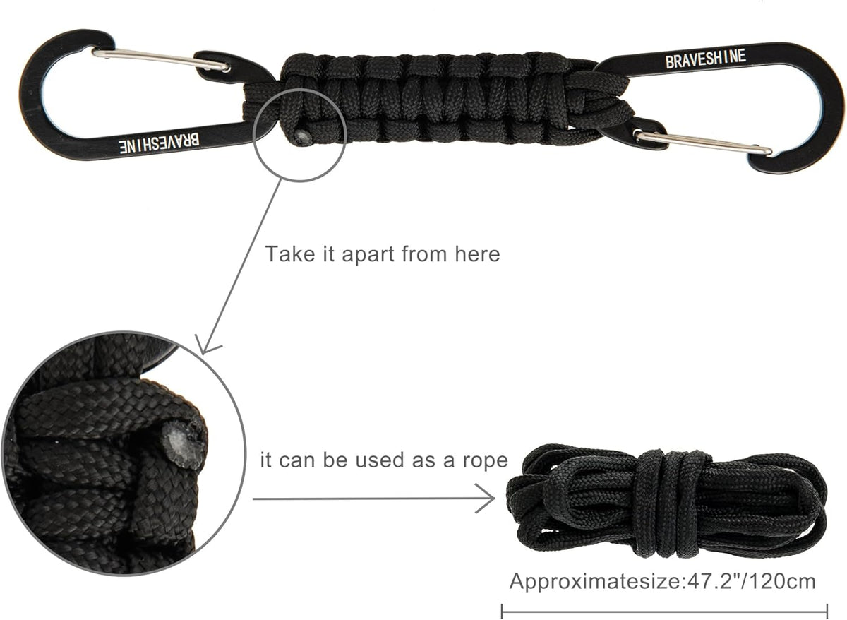 BRAVESHINE Paracord Keychain Carabiner Clip, D Ring Lanyard Hanger Stroller Hook for Water Bottle, Key, Backpacks, Men, Women