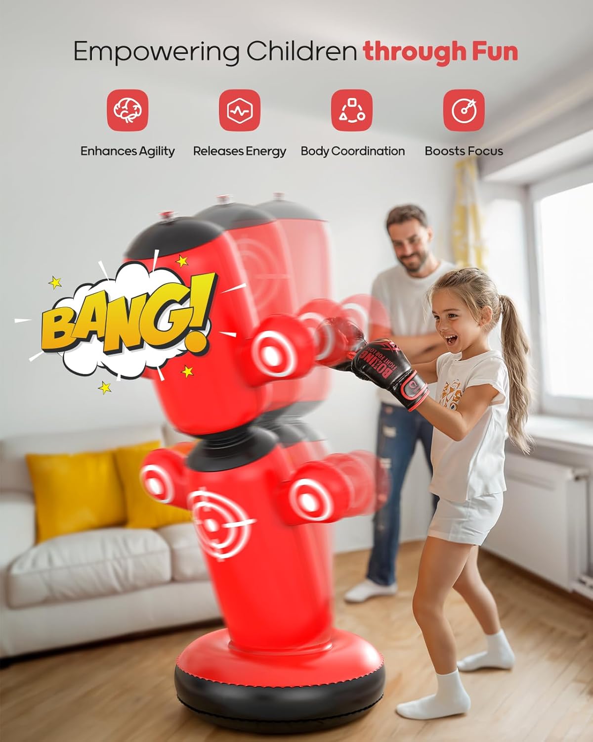 QPAU 360° Rotatable Punching Bag for Kids, Lager 64” Kids Punching Bag with Gloves, Hand Pump & 6 Targets, Bop Bag Inflatable Punching Toy, Karate Gifts for Boys, Girls