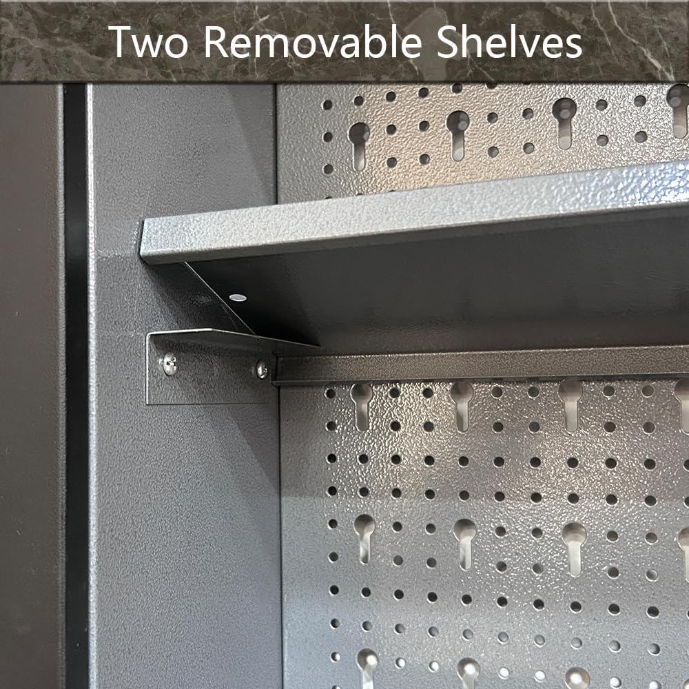 JZD Industrial Steel Garage Storage Cabinet System, Included Pegboard Wall Cabinet Wood Table Top, for Auto Repair Shops, Utility Room