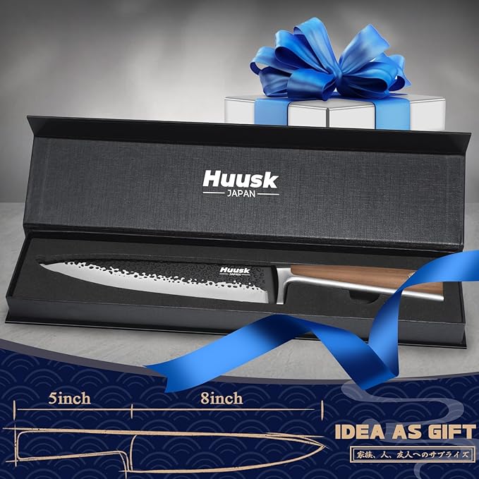 Huusk Japanese Chef Knife 8 Inch Gyuto Kitchen Knife Hand Forged Sushi Knives with Ergonomic Handle Professional Cooking Knife for Cuttting Meat Vegetables Premium Giftbox
