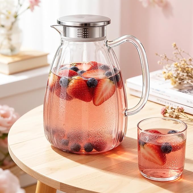 Glass Pitcher with Lid and Handle, 2.2L Borosilicate Glass Water Carafe, Stainless Steel Dual-Filter Lid, Heat Resistant for Hot/Cold Beverages – Iced Tea, Coffee, Juice, Cold Brew, 2 Pack
