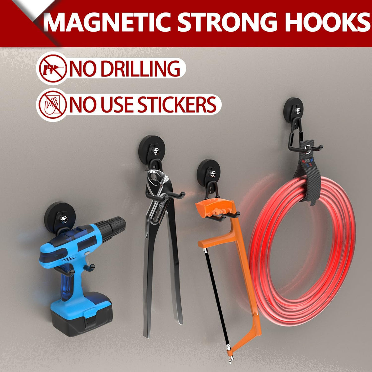 3-H Heavy Duty Magnet Garage Hooks 2 Pack, Large Strong Magnetic Hooks for Hanging Cordless Power Drill, Utility Magnetic Tool Holder for Metal Cabinet, Steel Pegboard, Toolbox, Garage(Black)