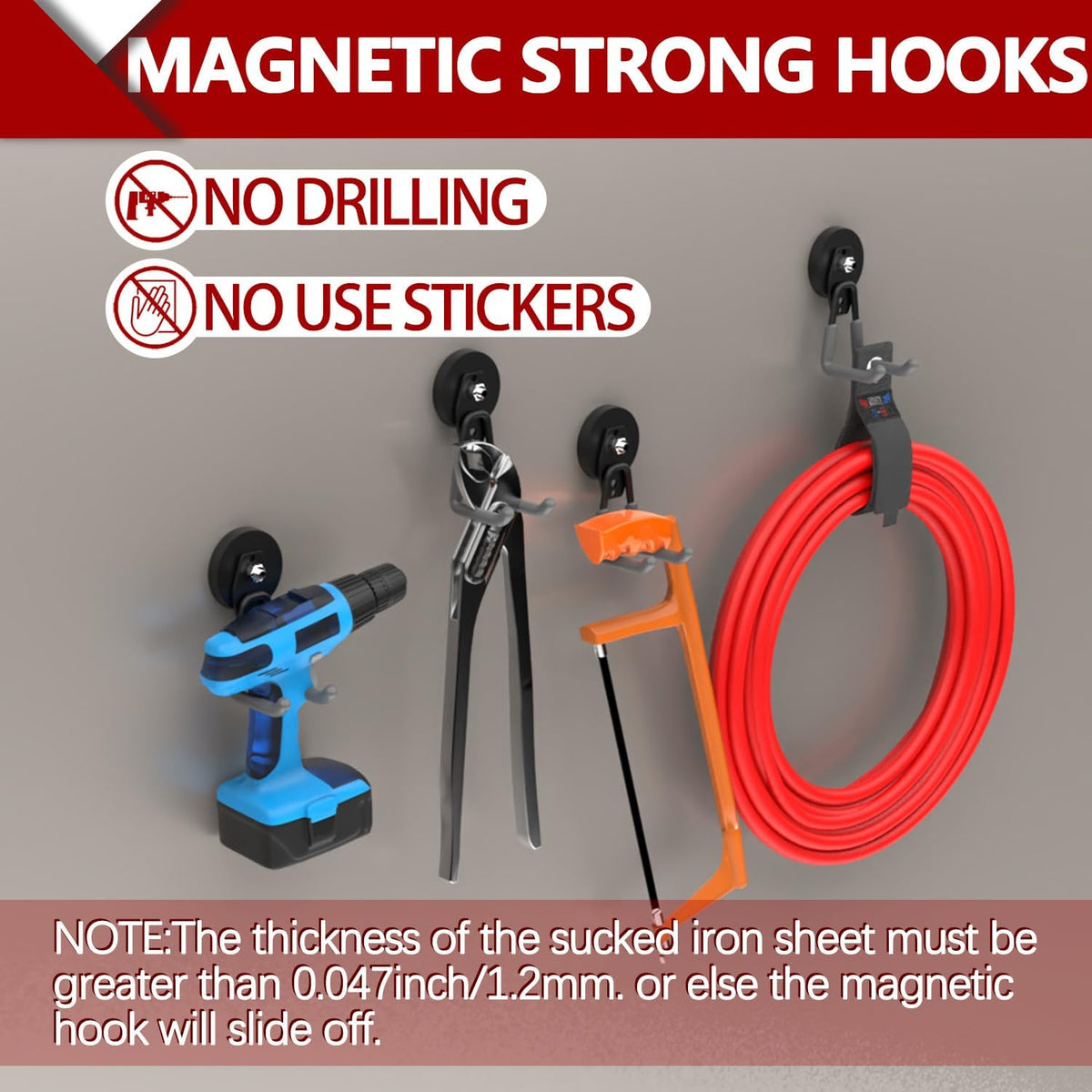 3-H Heavy Duty Magnet Garage Hooks 2 Pack, Large Strong Magnetic Hooks for Hanging Cordless Power Drill, Utility Magnetic Tool Holder for Metal Cabinet, Steel Pegboard, Toolbox, Garage(Grey)