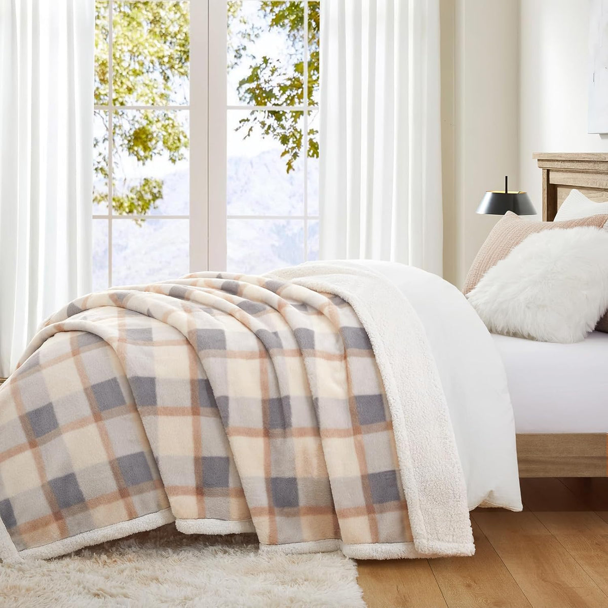 PU MEI Super Soft Faux Rabbit Fur Sherpa Fleece Throw Blanket, Reversible Luxury Cozy Cute Furry Blanket, Plush Warm Shaggy Fluffy Checkered Blankets for Sofa Couch Bed (Grey-Plaid, 80" x 90")