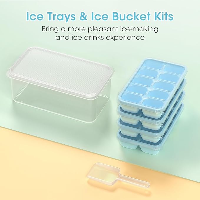 DOQAUS Ice Cube Tray with Lid and Bin - 4 Pack Silicone Ice Cube Trays for Freezer, Stackable Ice Bucket Kits with Storage Container & Scoop for Kitchen, RV, Cocktail, Coffee