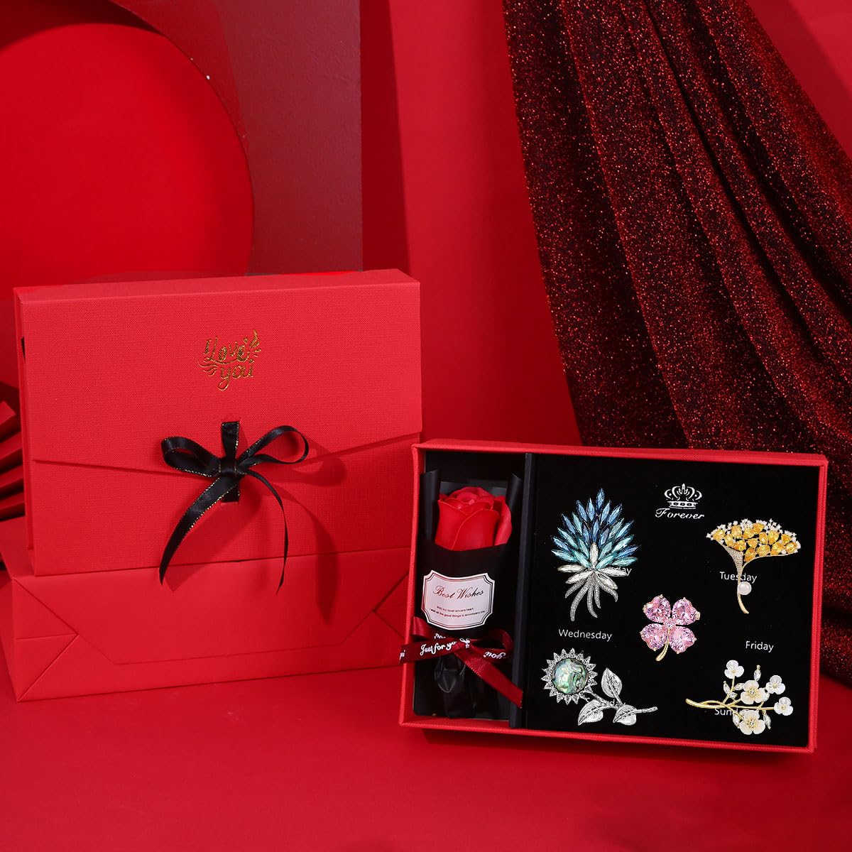 Flower Brooch Set Gift Box for Women Rhinestone Zircon Flower Pin Birthday Holiday Gift for Wife Girlfriend Mother