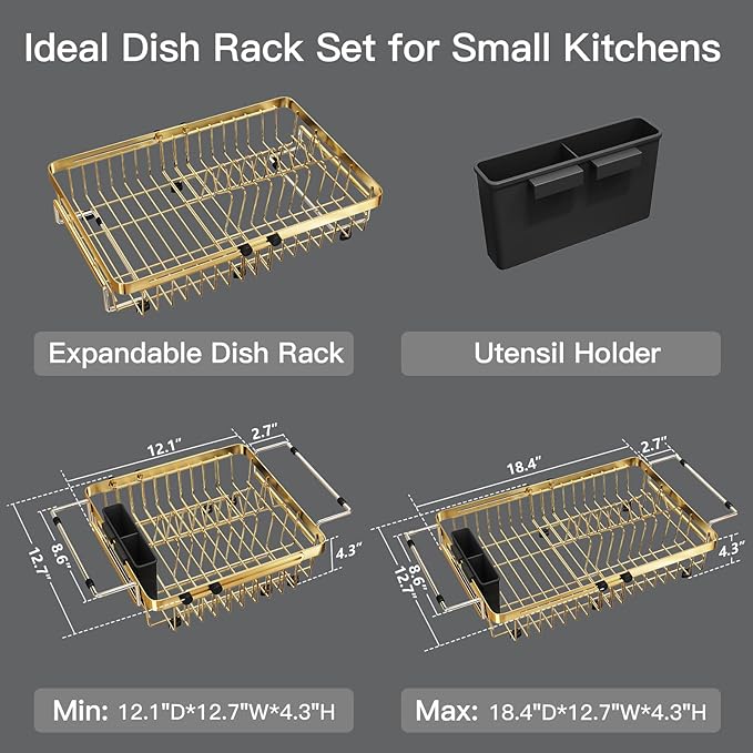 MAJALiS Dish Drying Rack Over The Sink, Expandable Stainless Steel Dish Drainer for Small Kitchen Counter Space Saving, RV Compact Plate Strainer in Gold Metal with Hanging Adjustable Utensil Holder