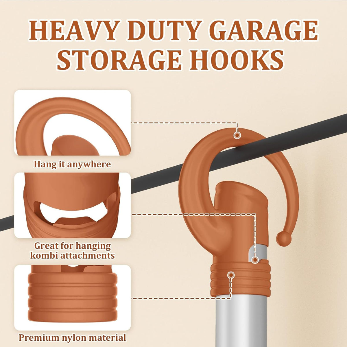3 Pack Heavy Duty Garage Storage Hooks + 1 Pack Trimmer Rack Compatible with Stihl Kombi Attachments, Garden Power Tool Holder Organizer Hangers for Grass Trimmer, Hedge Trimmer, Garage Wall