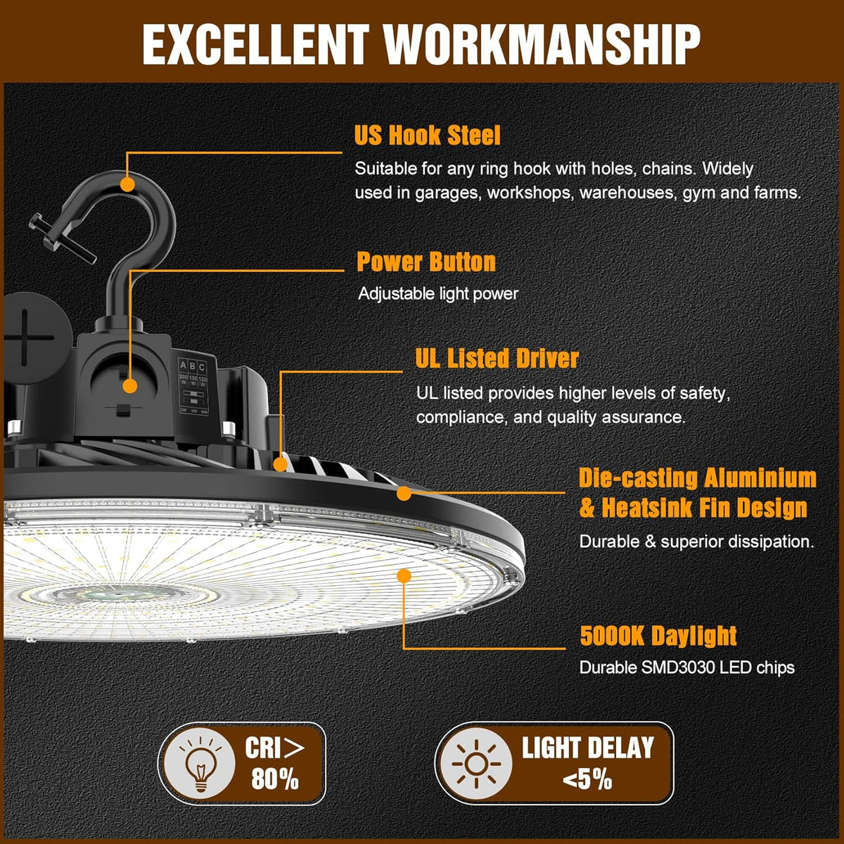 6 Pack 480V LED High Bay Light UL DLC Listed UFO Light 240W 200W 150W Adjustable, Dimmable High Bay LED Shop Lights 5000K Daylight, IP65 Commercial Bay Lighting for Warehouse Factory