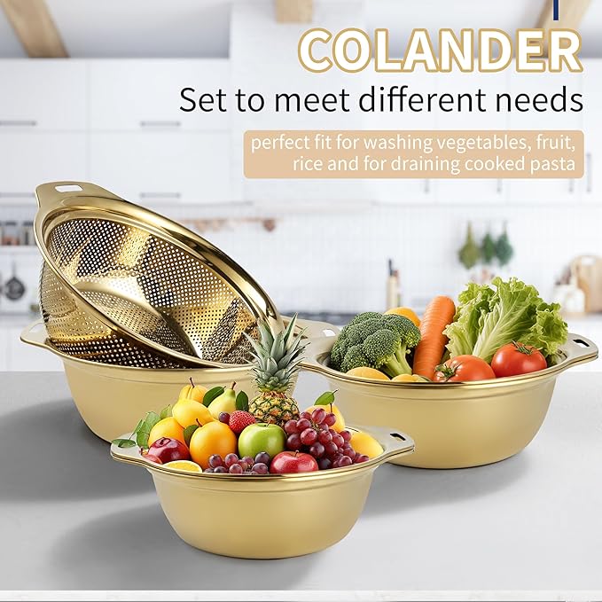 Colander 304 Stainless Steel 5-quart with Mixing Bowls, Strainer for Kitchen Food For washing vegetables, fruit, rice, Dishwasher Safe. (Gold 2PC)