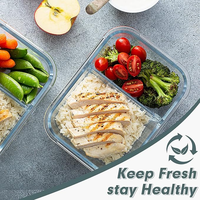 VERONES 10 Pack Glass Meal Prep Containers 2 Compartment Set, 30 OZ Airtight Glass Lunch Containers, Glass Food Storage Containers with Lids, for Microwave, Oven, Freezer & Dishwasher Friendly,Grey