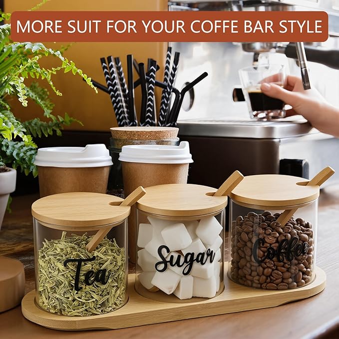 LemonRoad 3 Pack Coffee Sugar Tea Container Set Glass Jars with Bamboo Tray Decorative Container with Lid and Spoon Clear Condiment Jars Storage for Coffee Bar Drink Station Countertop Home Decor