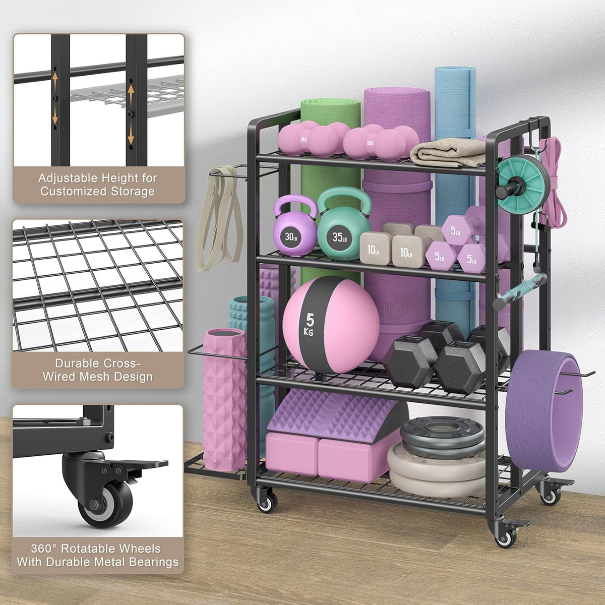 4-Tier Dumbbell Rack Stand Only, Adjustable Weight Rack for Dumbbells Kettlebells Yoga Mat, Home Gym Storage Rack with Wheels and Hooks, Powder Coated Finish