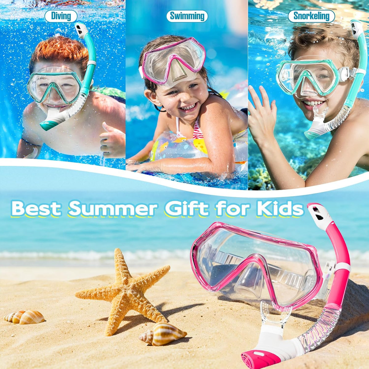 Snorkeling Gear for Kids, Kids Snorkel Set for Ages 3-14, Anti-Fog Diving Mask and Dry Top Snorkel Combo Set, Unisex Swimming Goggles