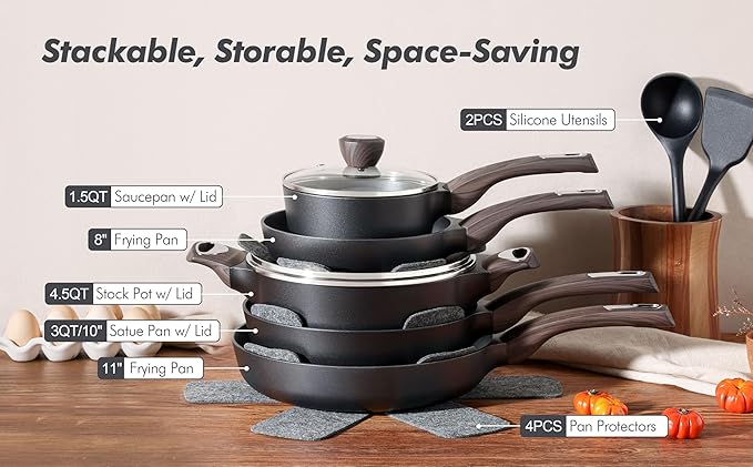 SENSARTE Pots and Pans Set Non stick, Non toxic Healthy Induction Cookware Sets, 14 Pcs Non Stick Kitchen Cooking Set with Frying Pans Set & Saucepan, PFOA PFOS APEO Free, Black
