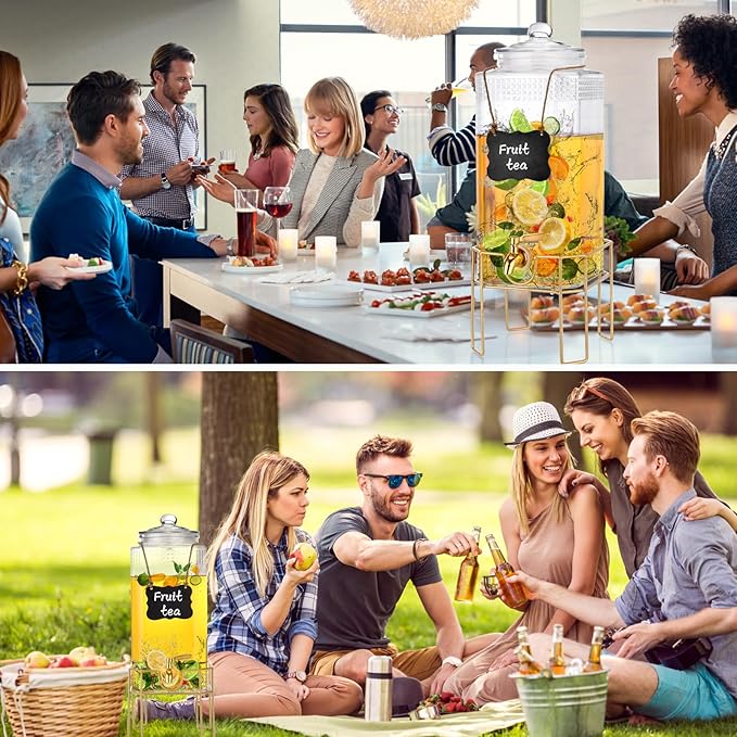 Drink Dispenser,2 Gallon Drink Dispensers for Parties,Beverage Dispenser with Stand,Glass Lid and Stainless Steel Spigot Leak-proof, Ideal for Lemonade,Juice, Tea, and Party Drinks