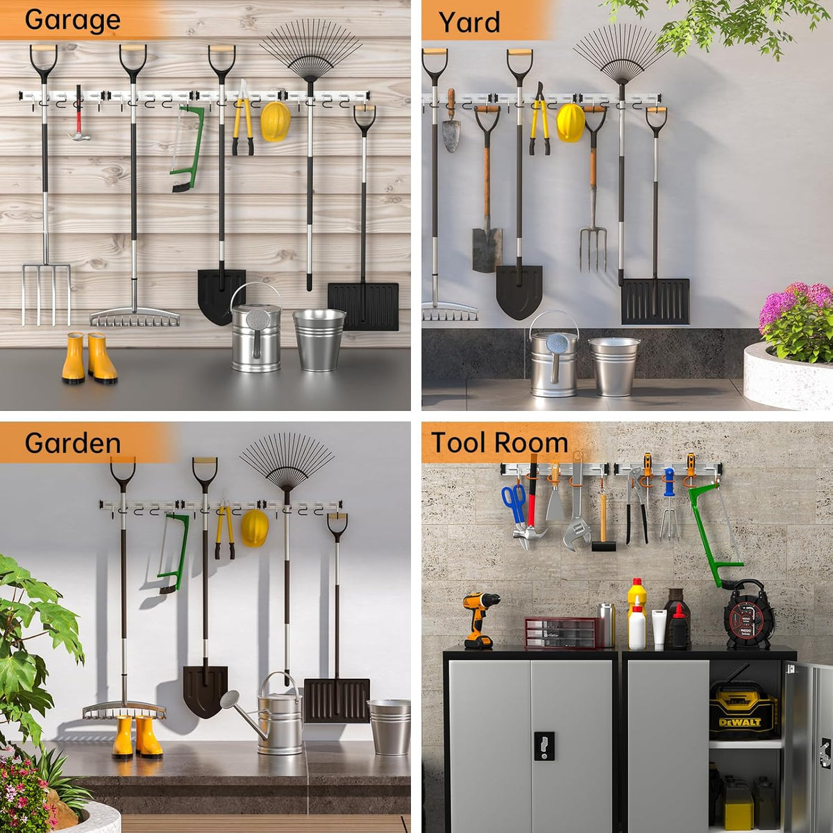 34.5'' Aluminum Alloy Garage Tool Organizer Hooks,Broom Holder Wall Mount, Adjustable Garden Wall Mount Holder for Hanging Shovel Broom Rake Bulk Items and More