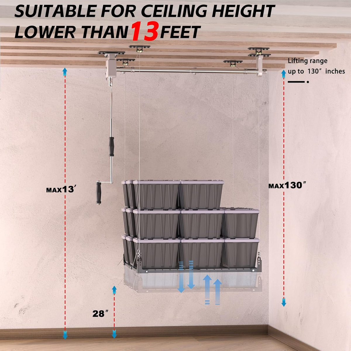 4x4FT Ceiling Storage Racks Lift,Overhead Garage Storage Rack,Adjustable Organization System,Workshops or Basements(Black)