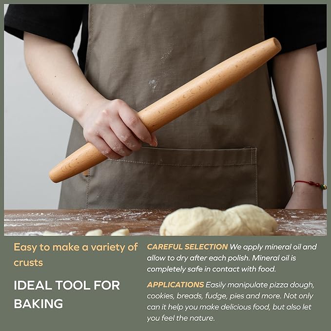 Muso Wood Wooden French Rolling Pin for Baking, Beech Wood Tapered Rolling Pin for Fondant Pie Crust Cookie Pastry(French 15.75-Inch)