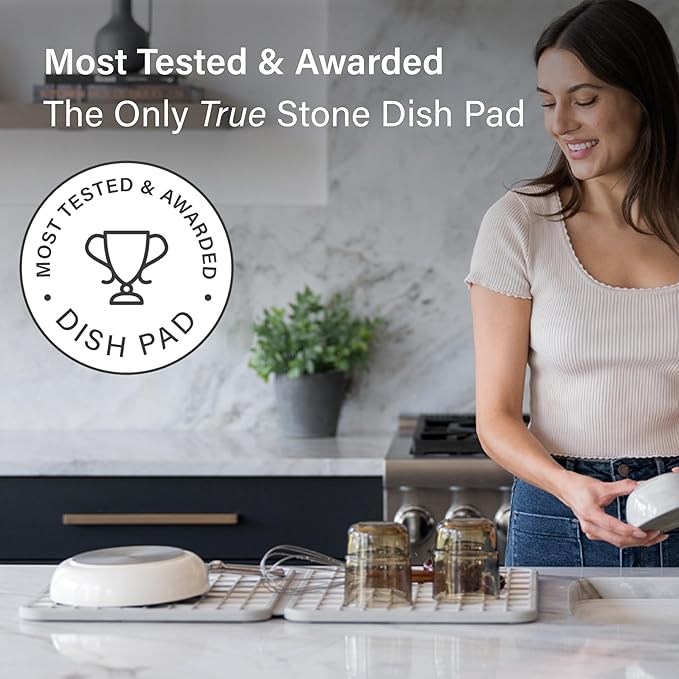 Dorai Home Dish Pad - Collapsable Stone Dish Drying Mat with Diatomaceous Earth for Quick Drying - Ultra Absorbent - Encased in Woven Silicone - Eco-Friendly, Foldable - Large 24.6" x 16.5", Sandstone