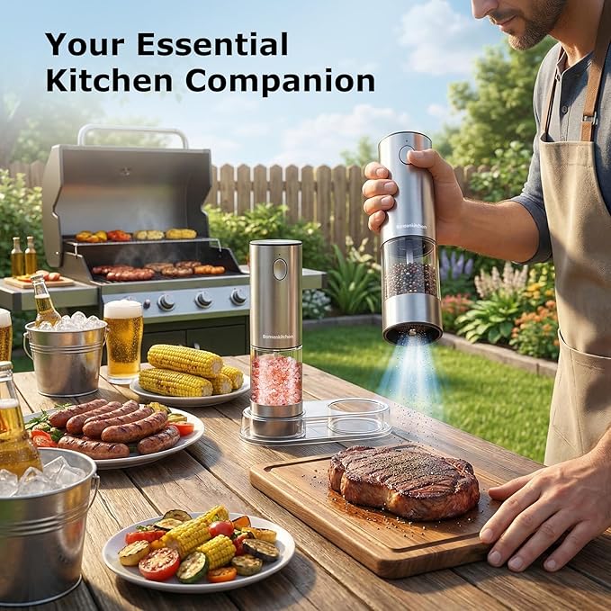 Bonsenkitchen Electric Salt and Pepper Grinder Set Rechargeable, 95ml Large Capacity Salt Shaker with LED Light, USB-C Fast Charging Automatic Pepper Mill with 5 Adjustable Coarseness for Kitchen, BBQ