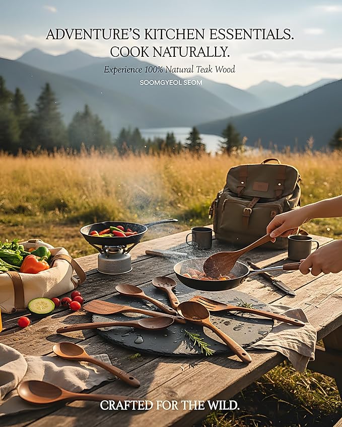 6-Piece Natural Teak Wood Utensil Set - Compact Nonstick Cooking Spoons & Spatulas, Durable Wooden Tools