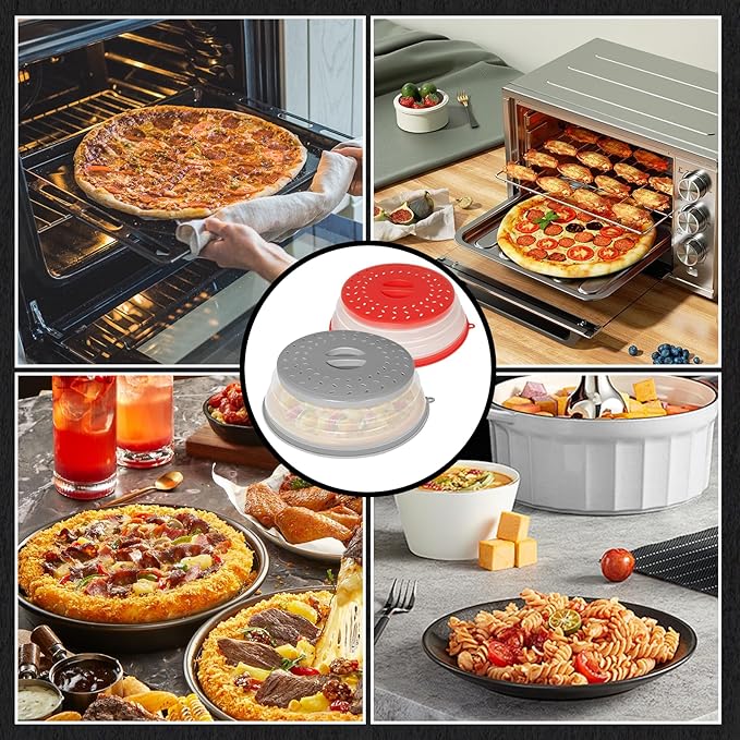 CasaCulina 2 Pack Collapsible Microwave Splatter Cover, Vented Microwave Lid with Hook Hole, Splatter Guard for Plate Dish Bowl, Vegetable Fruit Colander Multi-function Kitchen Gadget(Grey & Red)